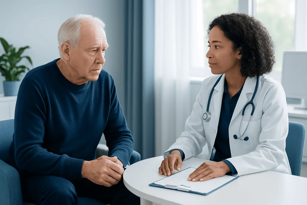 Doctor consulting with elderly patient in a medical office.