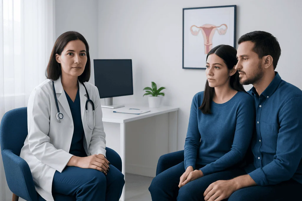 Doctor consulting with a couple in a medical office about fertility treatment.
