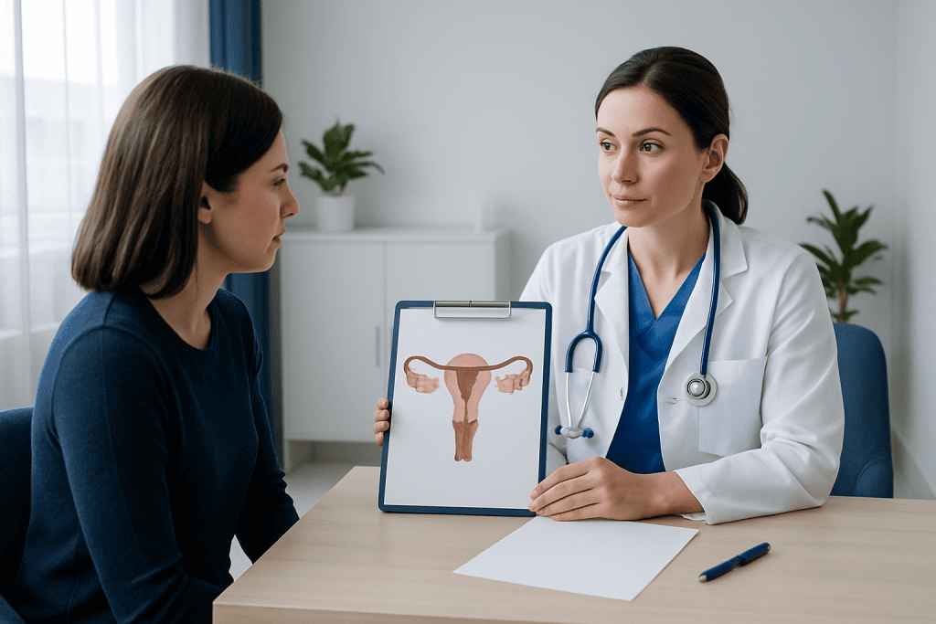 Gynecologist explaining uterine health to patient with uterus diagram.