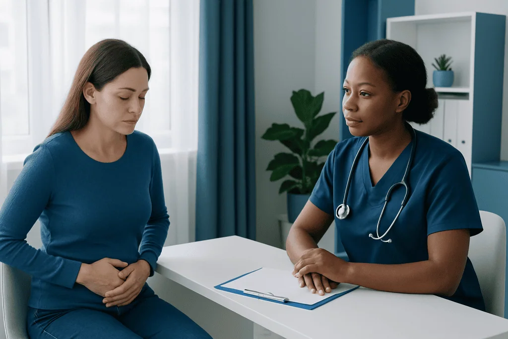 Doctor consulting with a patient about gynecological health in a modern clinic.