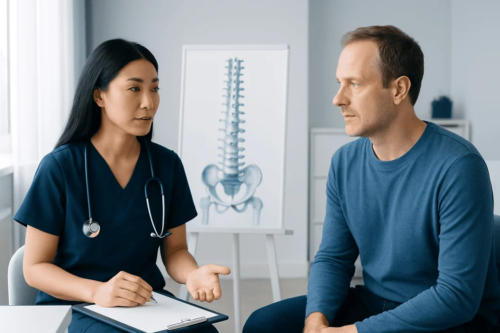 Doctor discussing spinal health with patient in clinic setting.