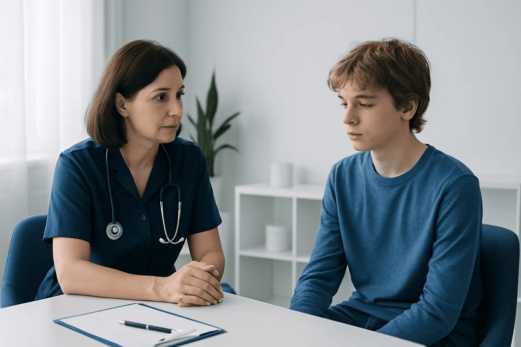 Doctor consulting with a teenage patient in a medical office.