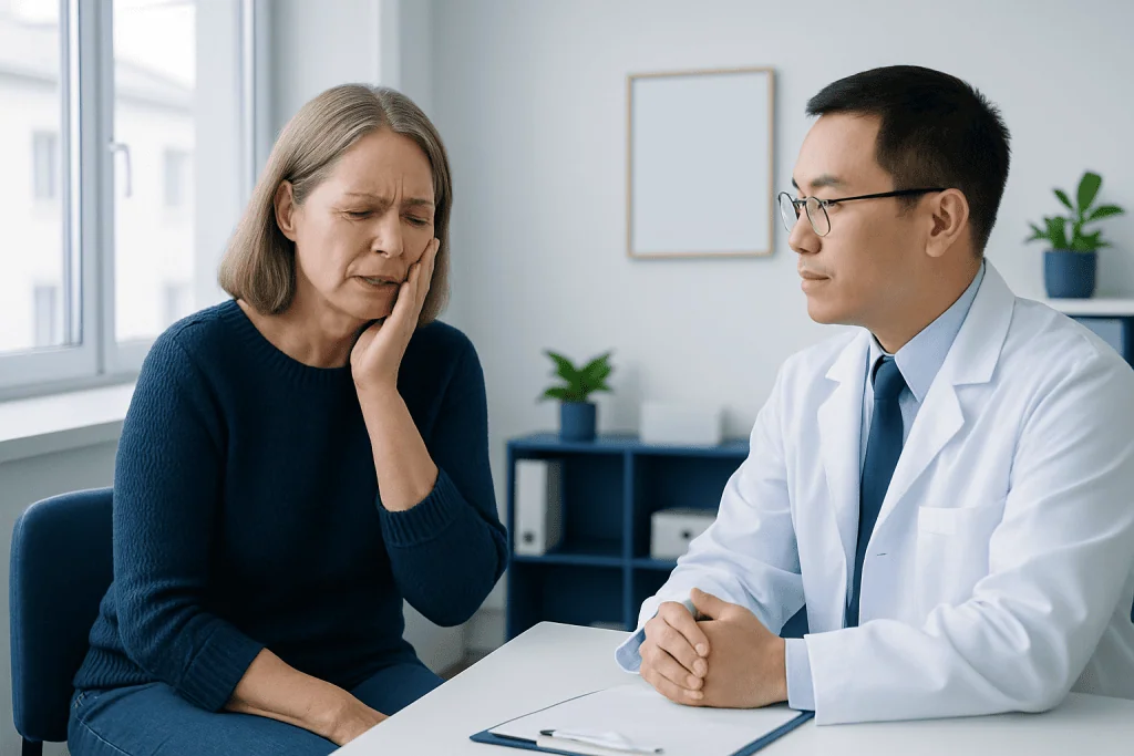 Patient experiencing facial pain consults with doctor in a clinical setting.