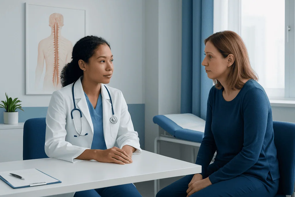 Doctor consulting with patient in a medical office setting.