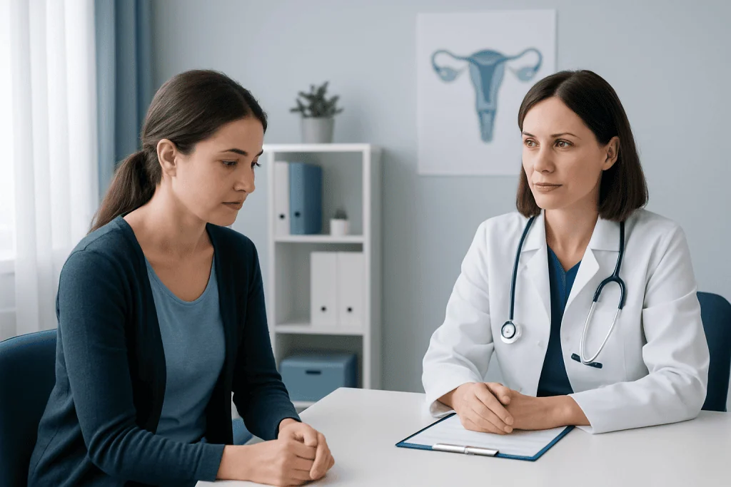 Doctor consulting with patient in a medical office setting.