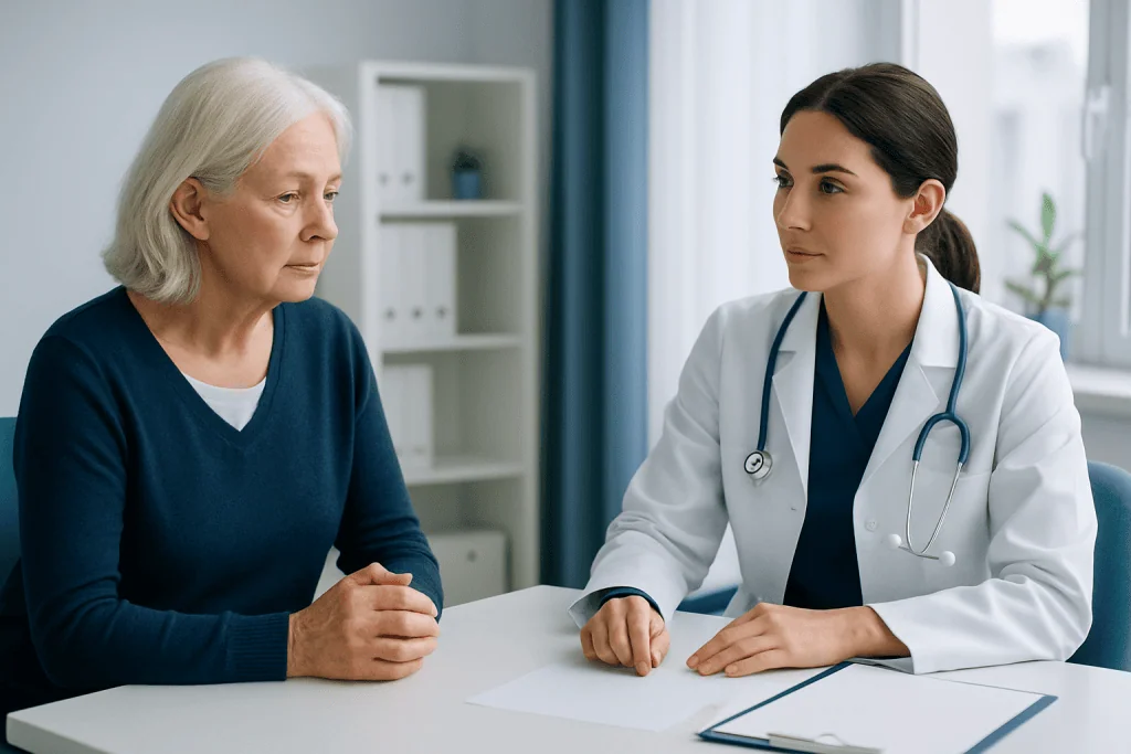 Doctor consulting with elderly woman about essential tremor symptoms and treatment options.