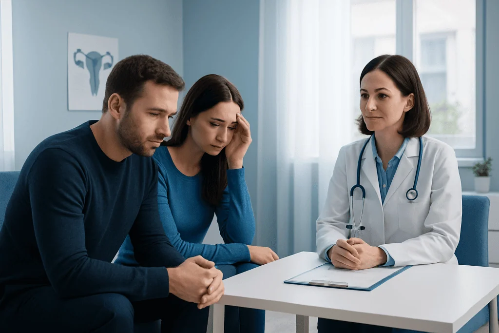 Couple discussing IVF concerns with doctor in a clinic setting.