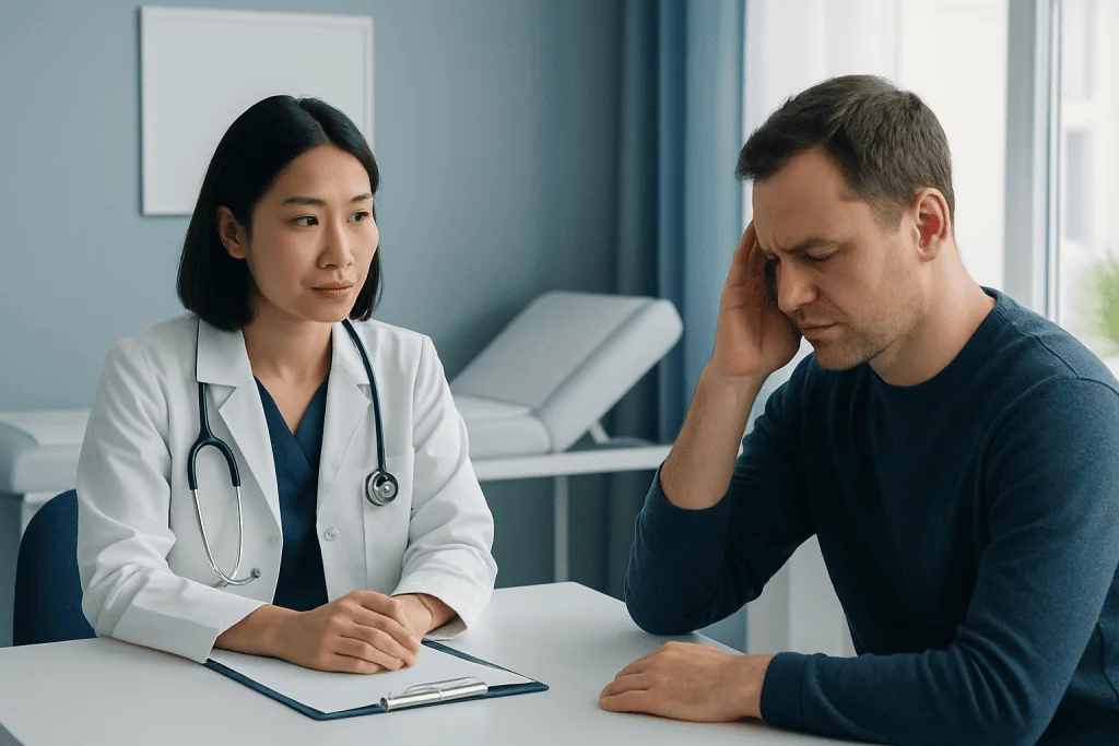 Doctor consulting with patient experiencing vertigo symptoms in clinic.