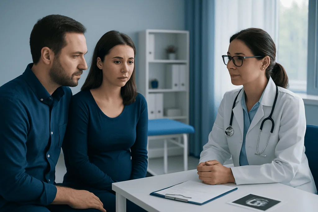 Doctor consulting with a pregnant woman and her partner in a medical office.
