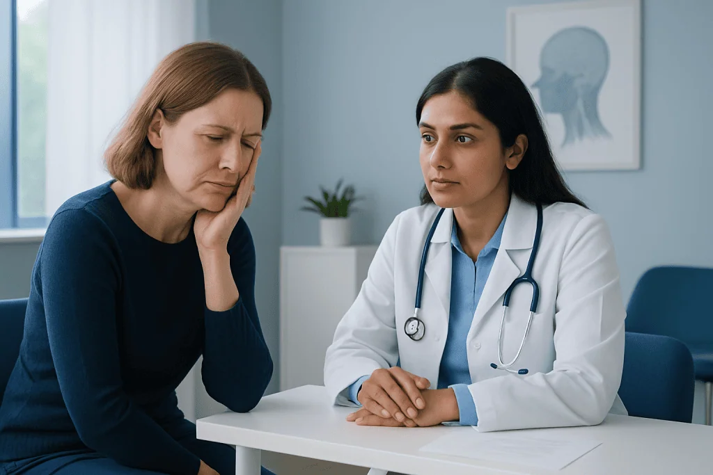 Doctor consulting with a patient experiencing facial pain at a clinic.