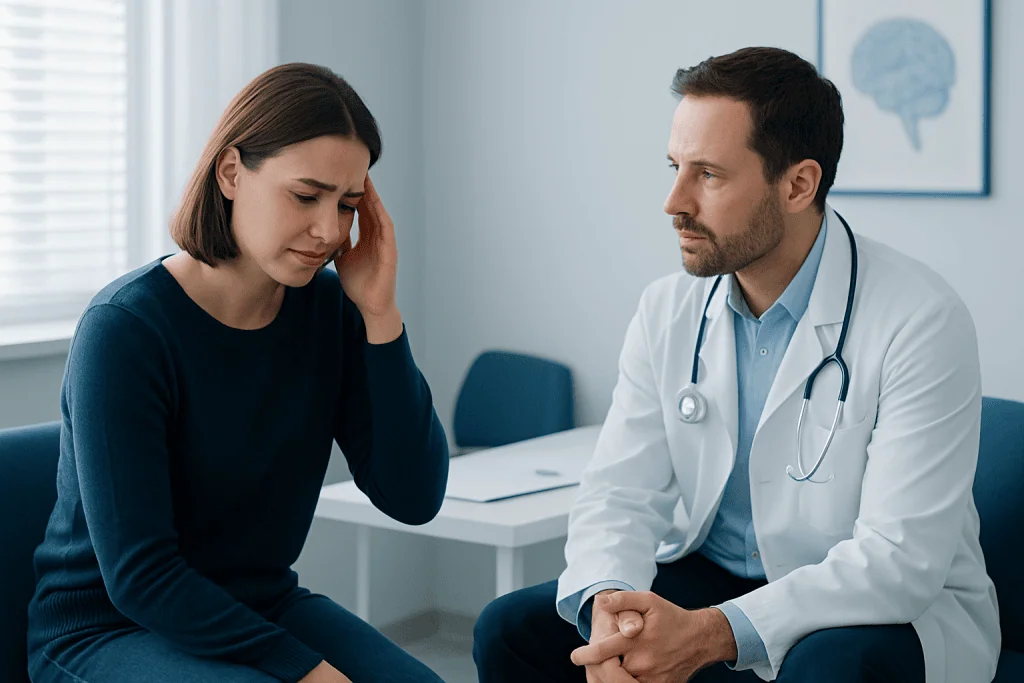 Doctor consulting a woman with headache symptoms in a medical office.