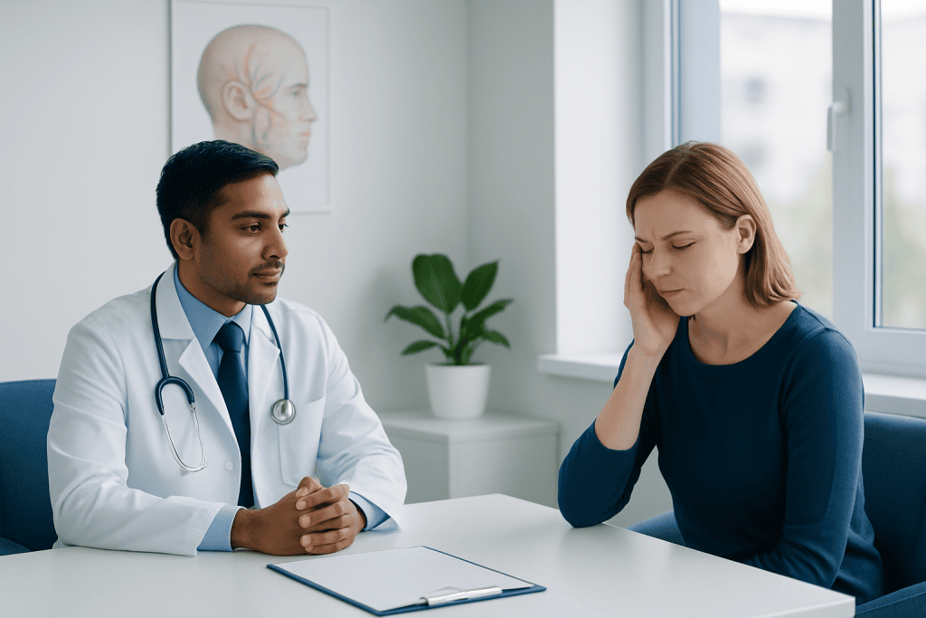 Doctor consulting with a patient about facial pain and treatment options.