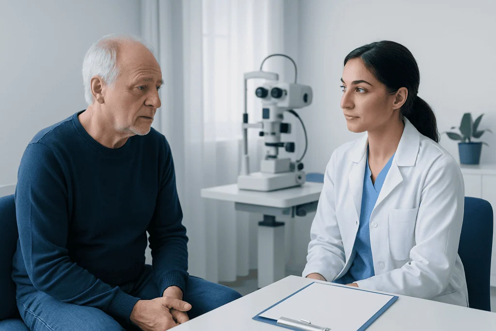 Doctor consulting with an elderly patient in a medical office.