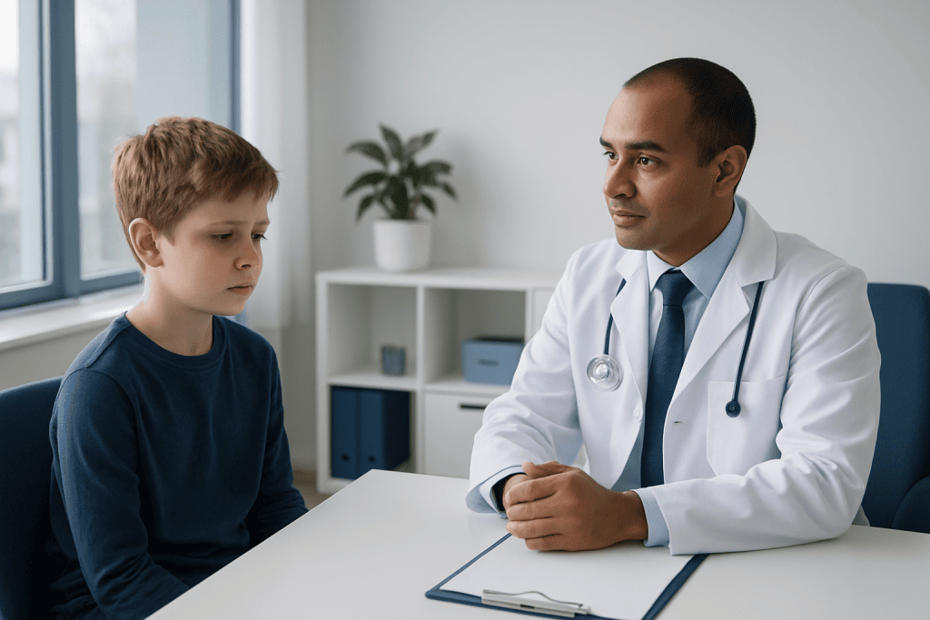 Child consulting with a doctor in a medical office.