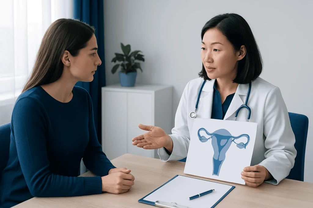 Gynecologist explaining uterine health to a patient with a diagram.
