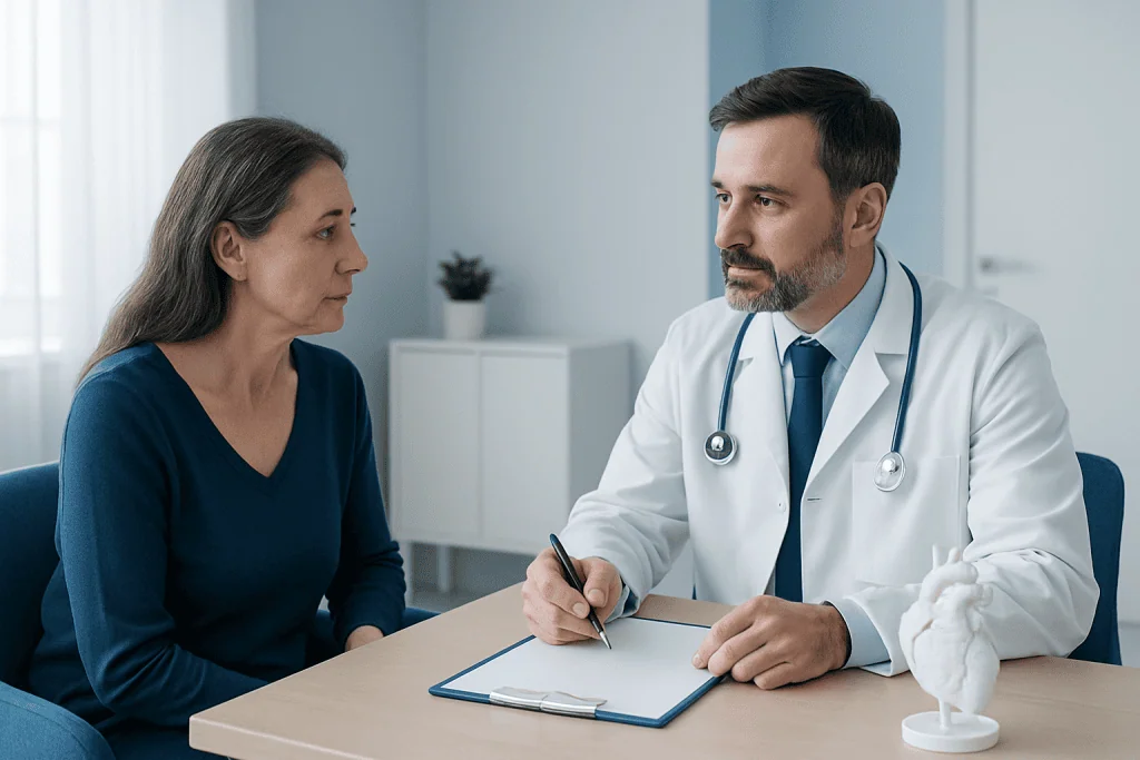 Doctor consulting with a female patient in a medical office setting.