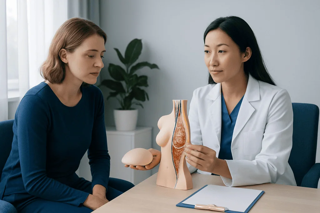 Medical consultation on breast reconstruction with anatomical model and diagram.
