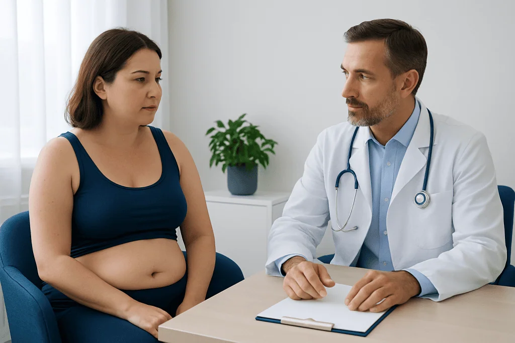 Doctor consulting pregnant woman in a medical office.
