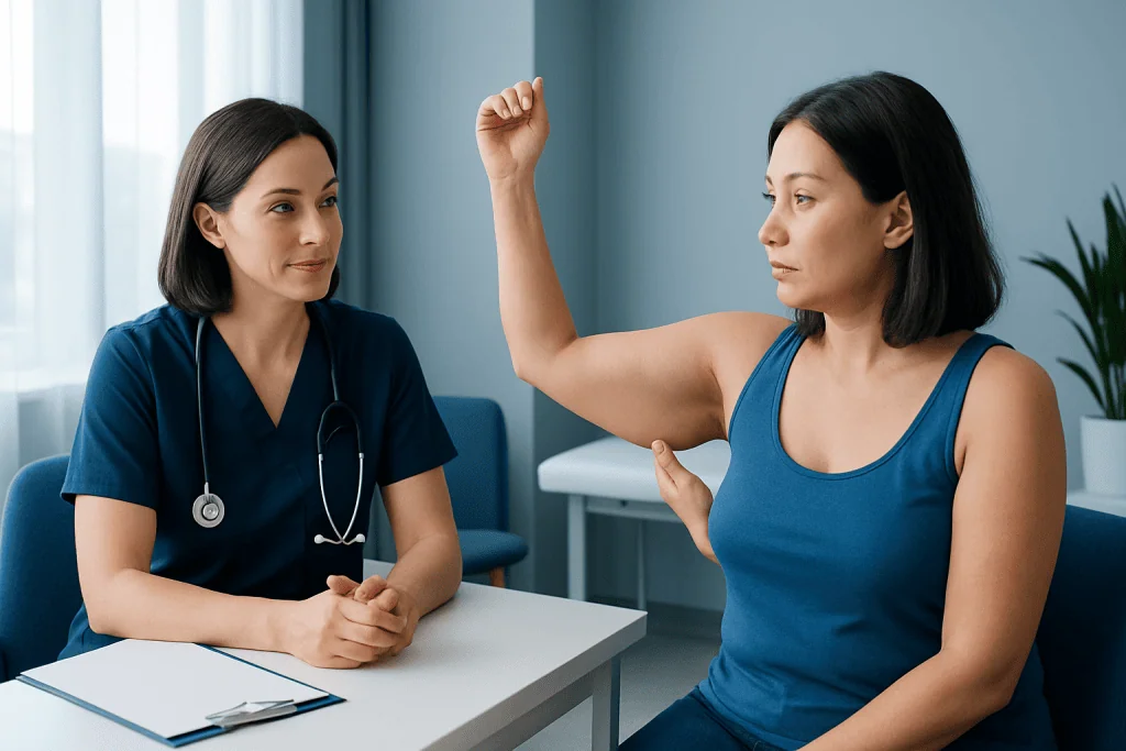 Doctor consulting with patient about arm lift surgery options.