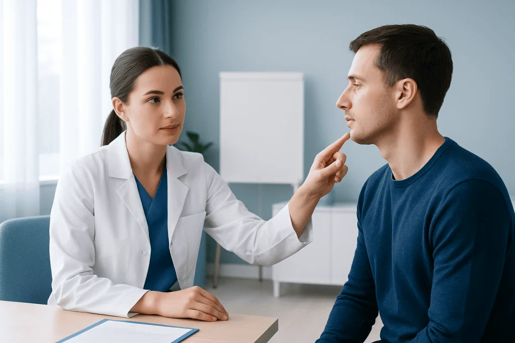 Doctor consulting with male patient about chin aesthetic surgery options.