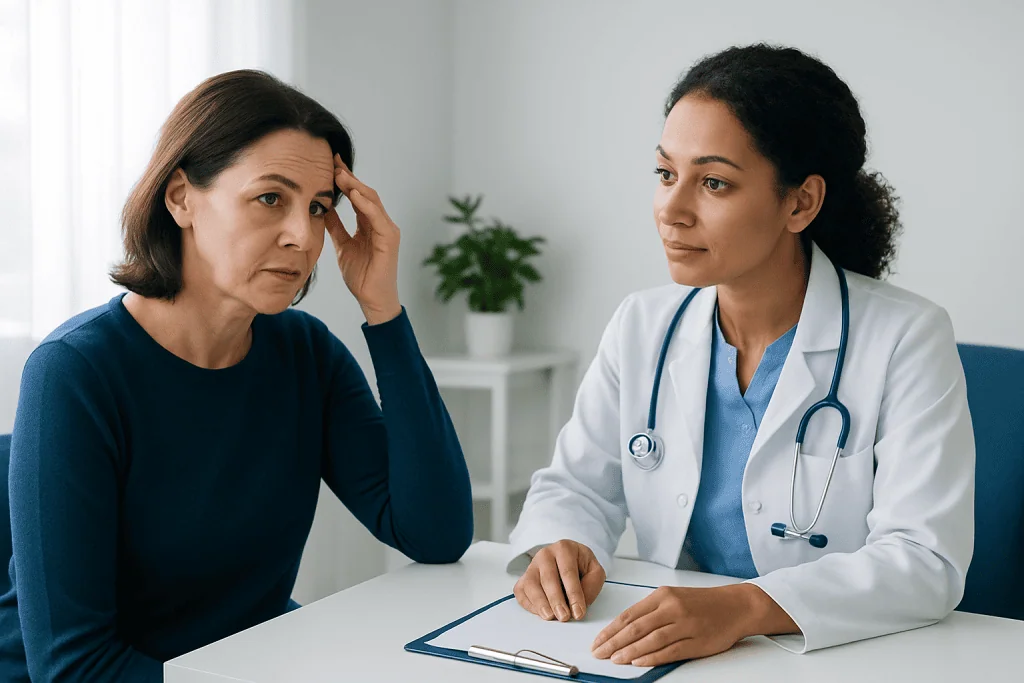 Doctor consulting with middle-aged woman about brow lift surgery options.