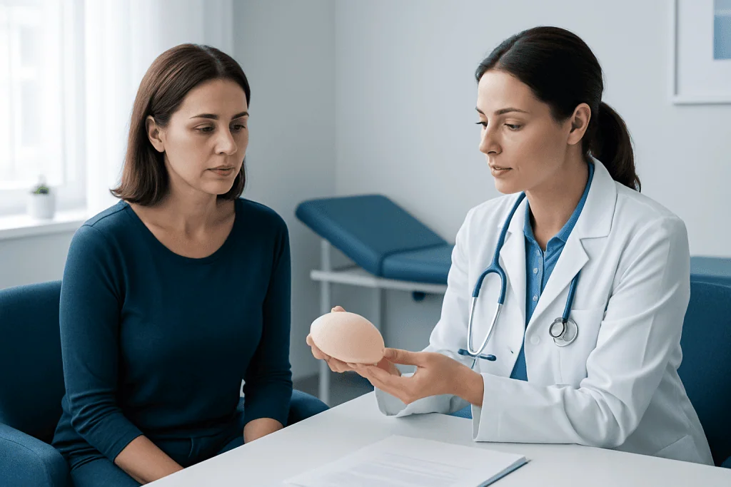 Doctor explaining breast prosthesis removal to patient in clinic.