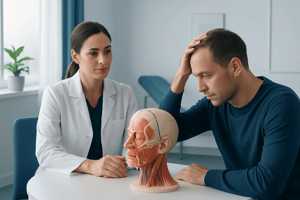 Doctor explaining scalp anatomy to patient during consultation.