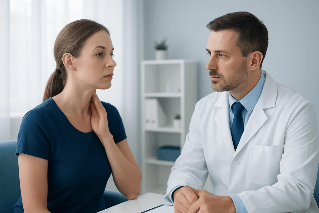 Doctor consulting with a woman about neck and jawline concerns.