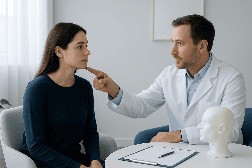 Doctor examines patient's chin for aesthetic consultation.