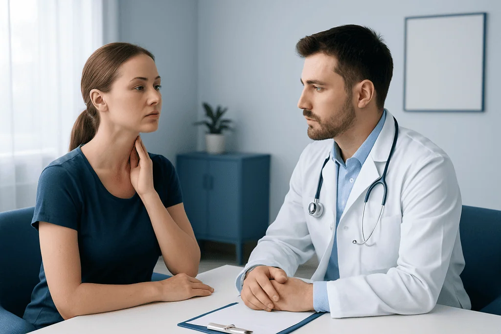 Doctor consulting with a woman patient in a medical office.