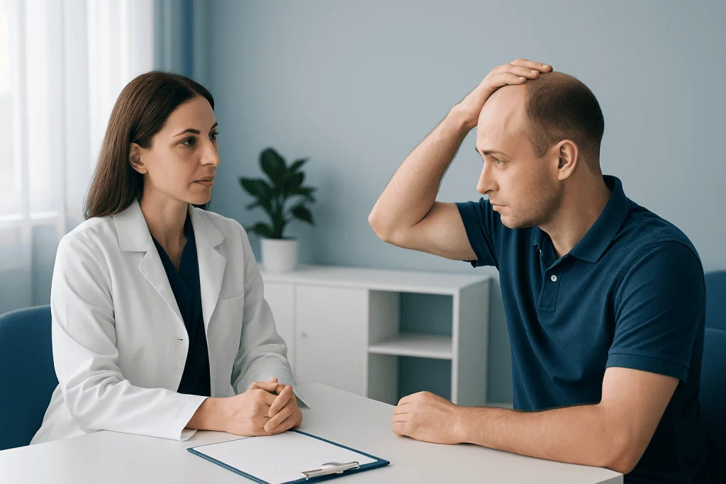 Doctor consulting with patient about scalp surgery options at Acibadem Hospital.