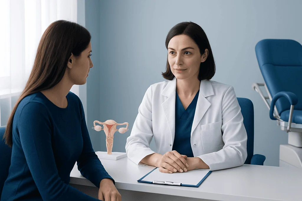 Gynecologist consulting with patient about female reproductive health.