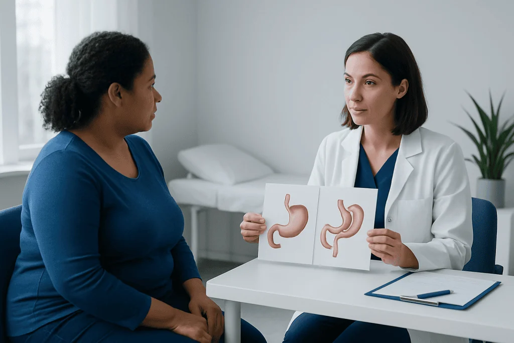 Doctor explaining gastric surgery options with stomach diagrams to patient.