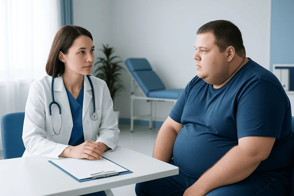 Doctor consulting with overweight patient in medical office.