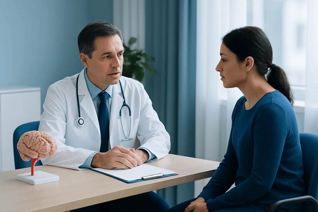Doctor consulting with a female patient about brain health and aneurysm risks.