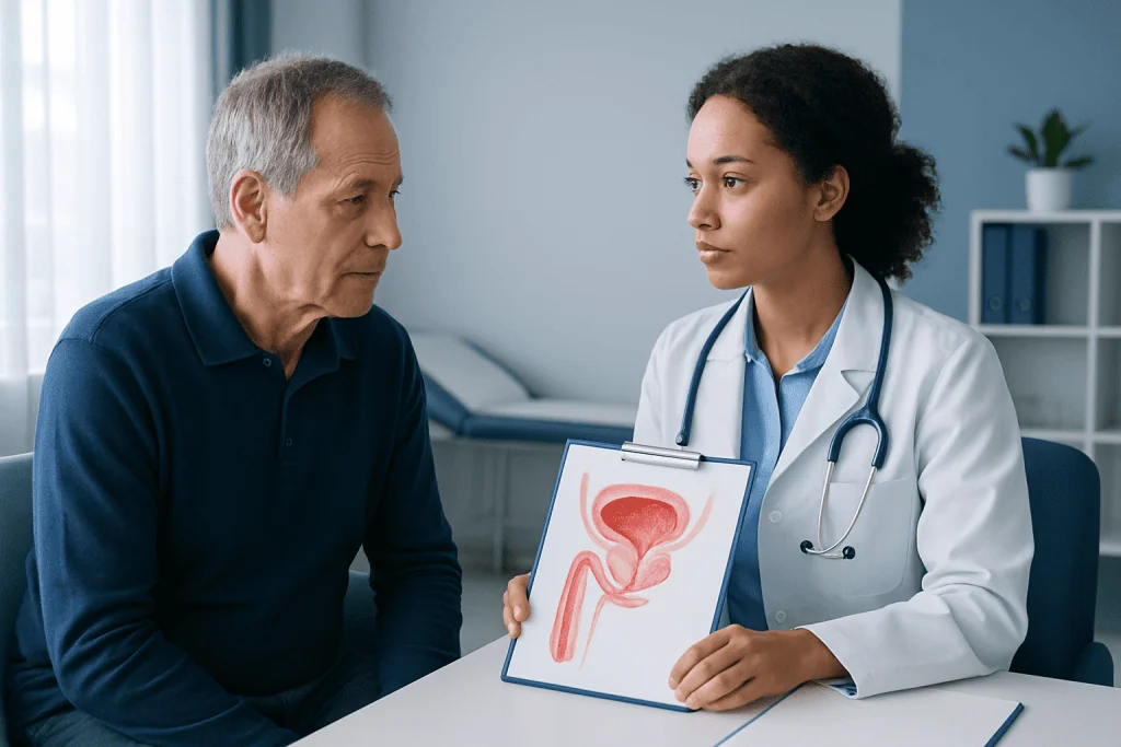 Urologist explaining prostate health to an older male patient.