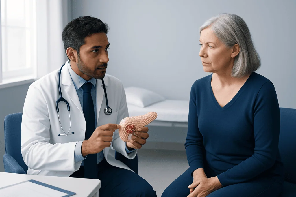Doctor explaining pancreatic cancer to an elderly woman in a medical consultation.