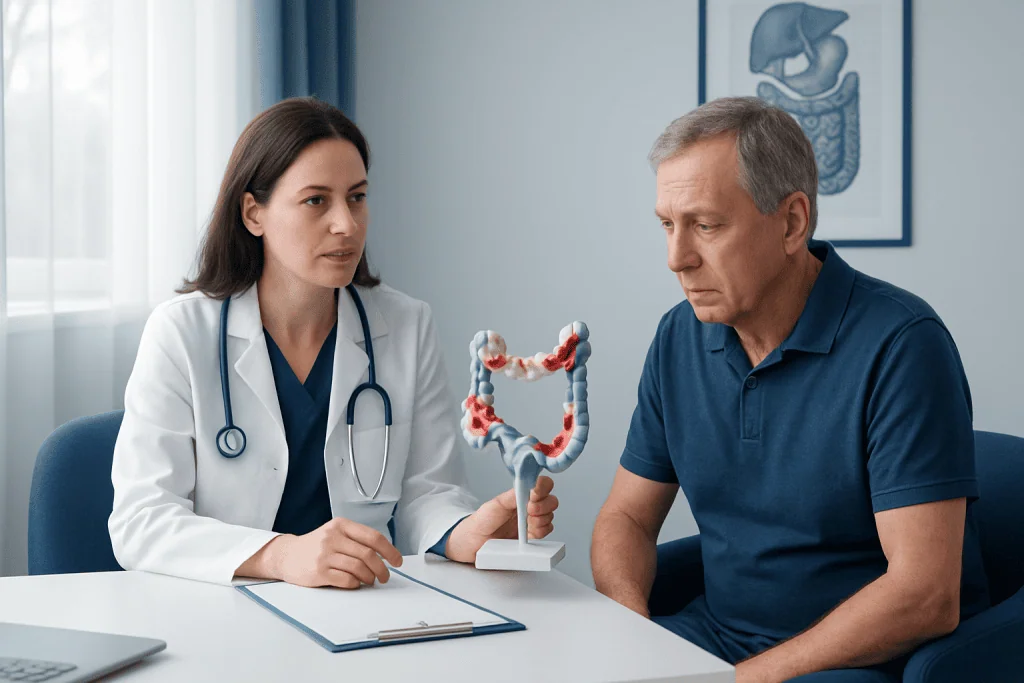 Doctor explaining colon health to a patient with a model of the colon.