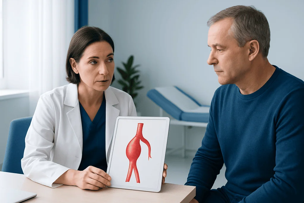 Doctor explaining aortic aneurysm to a patient with a model of the aorta.