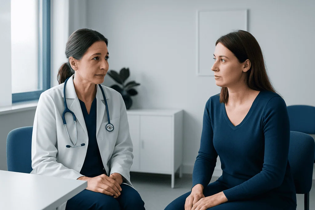 Doctor consulting with a patient about deep vein thrombosis symptoms.