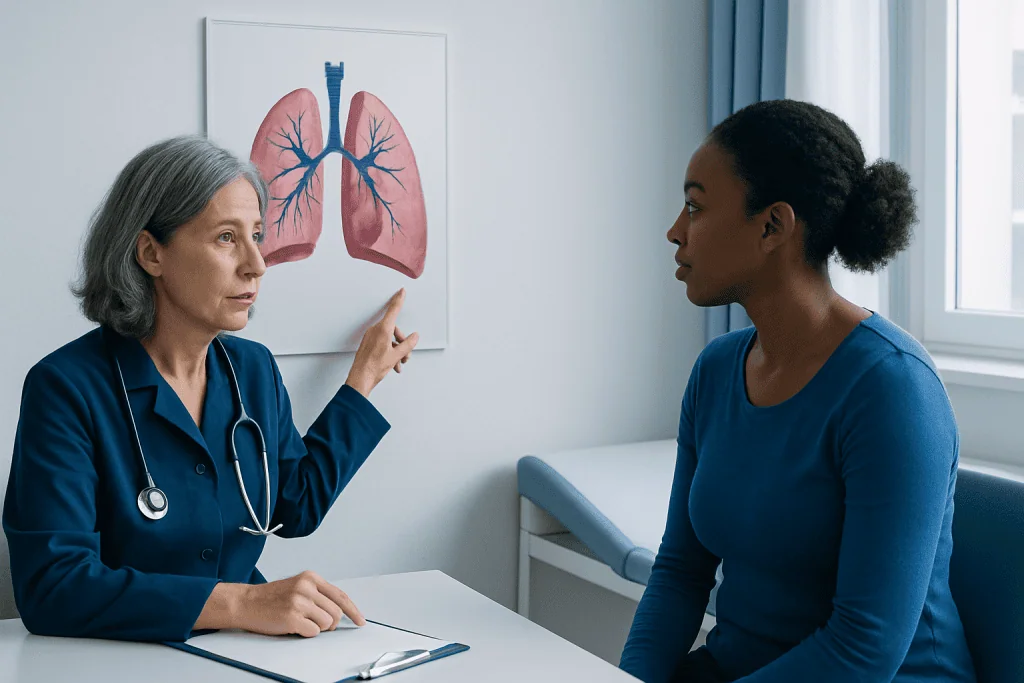 Doctor explaining lung anatomy to patient in consultation room.