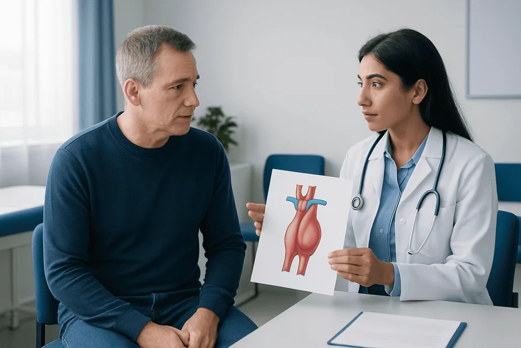 Doctor explaining aortic aneurysm to a patient with a model of the heart.