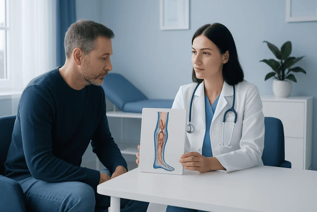 Doctor explaining deep vein thrombosis to patient with leg diagram.