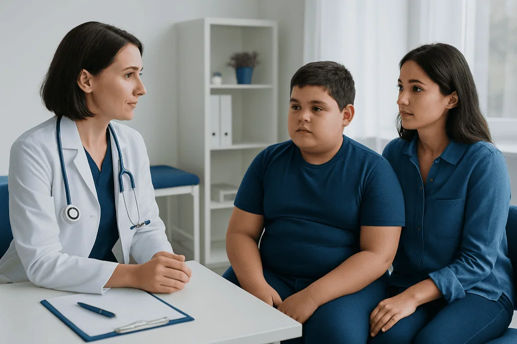 Doctor consulting with a young boy and his mother about childhood obesity.
