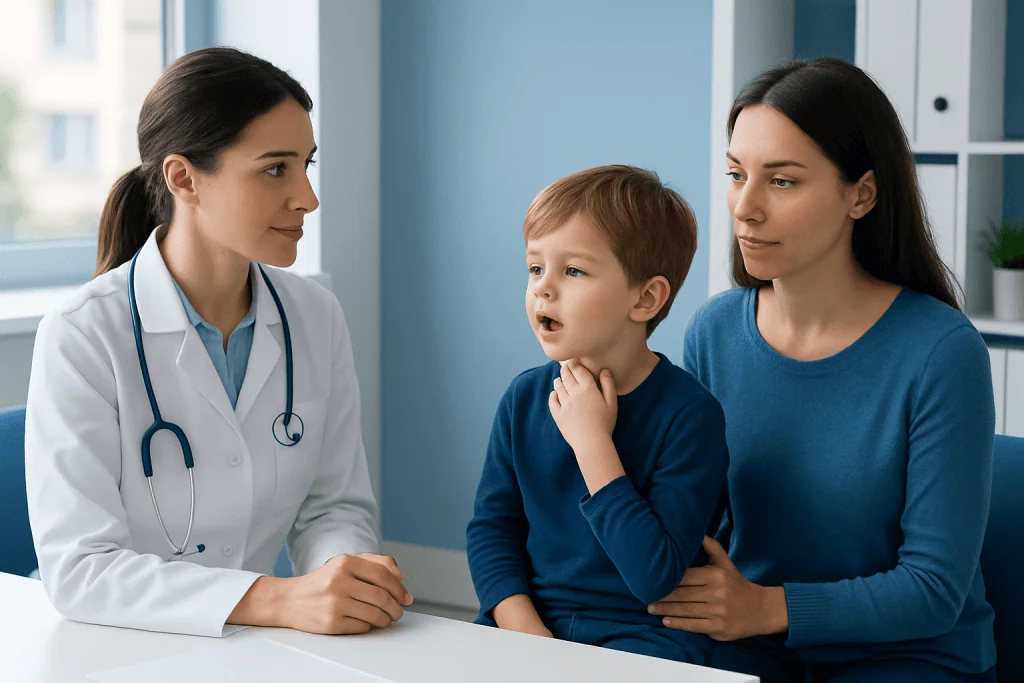 Pediatric consultation with doctor and mother discussing child's health.
