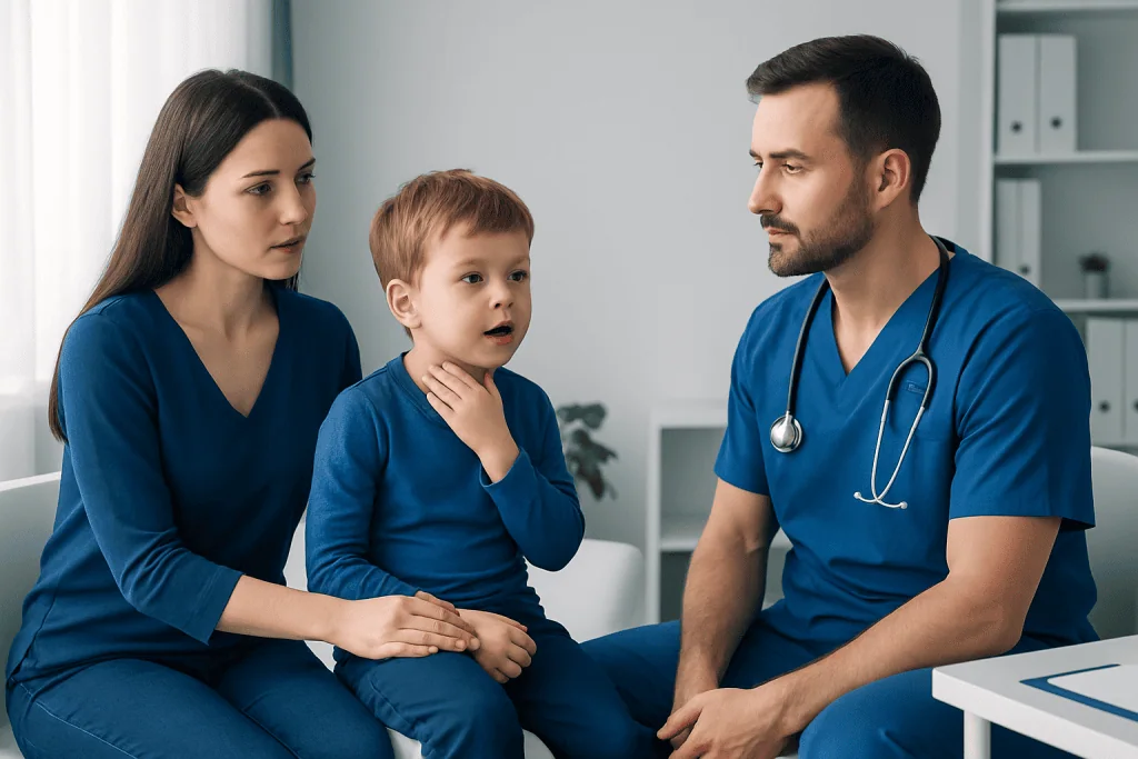 Doctor examining a young boy with his mother in a clinic setting.