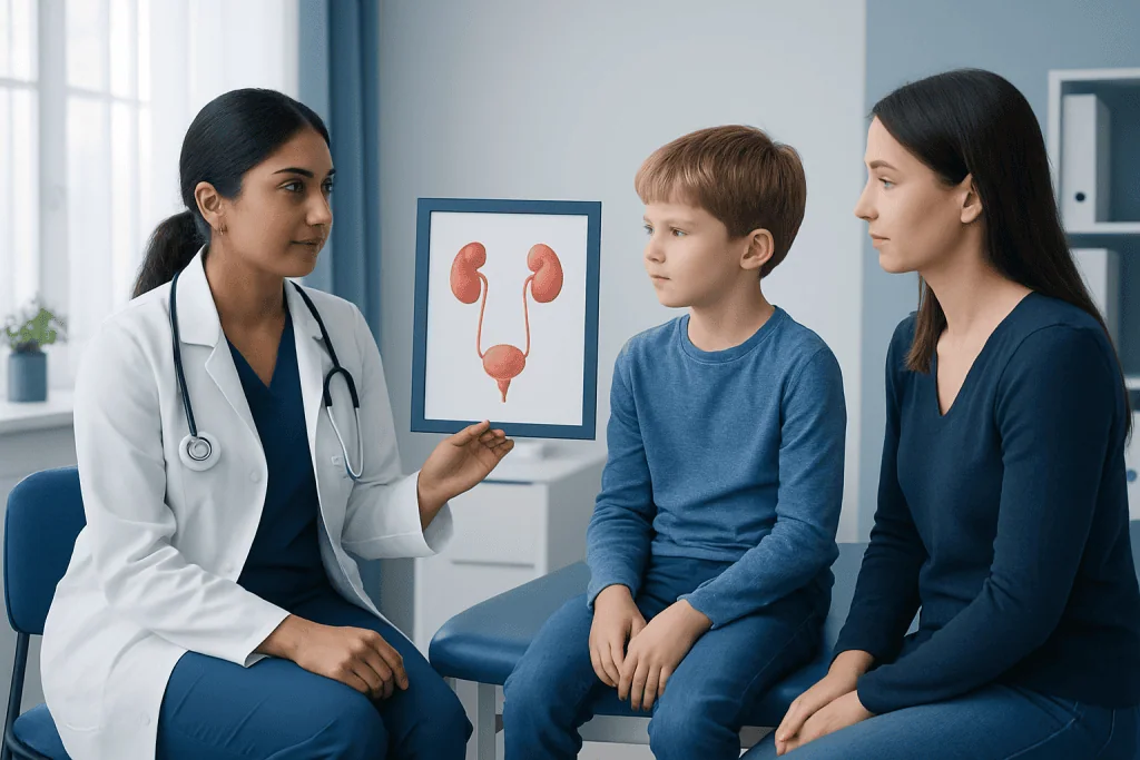 Pediatric urology consultation at Acibadem Hospital with doctor and young patient.
