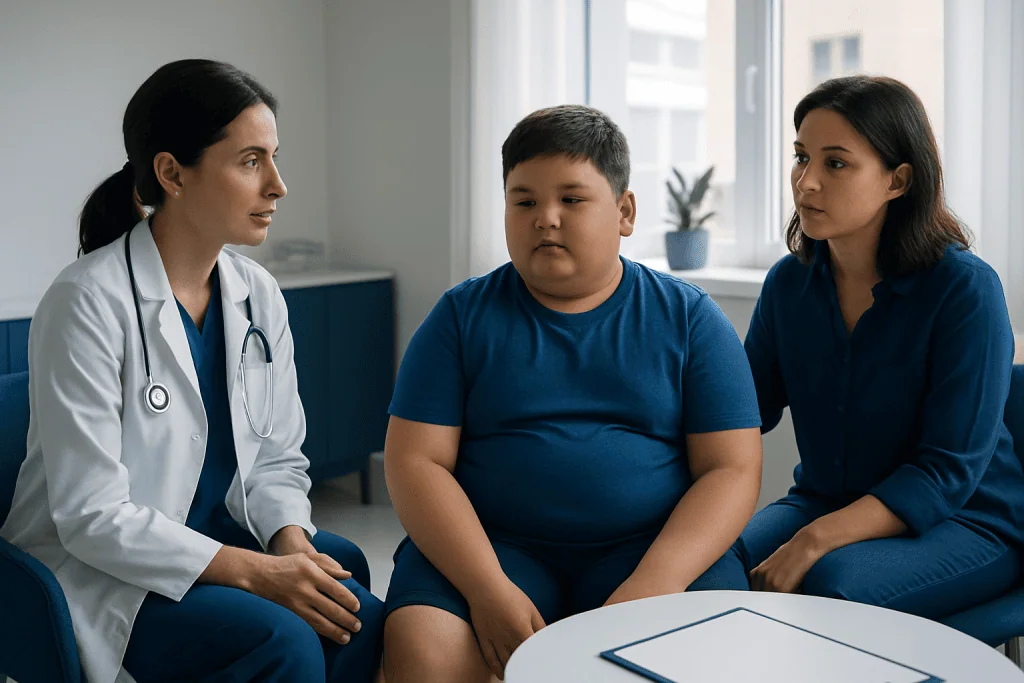 Doctor consulting with a young boy and his mother about childhood obesity.