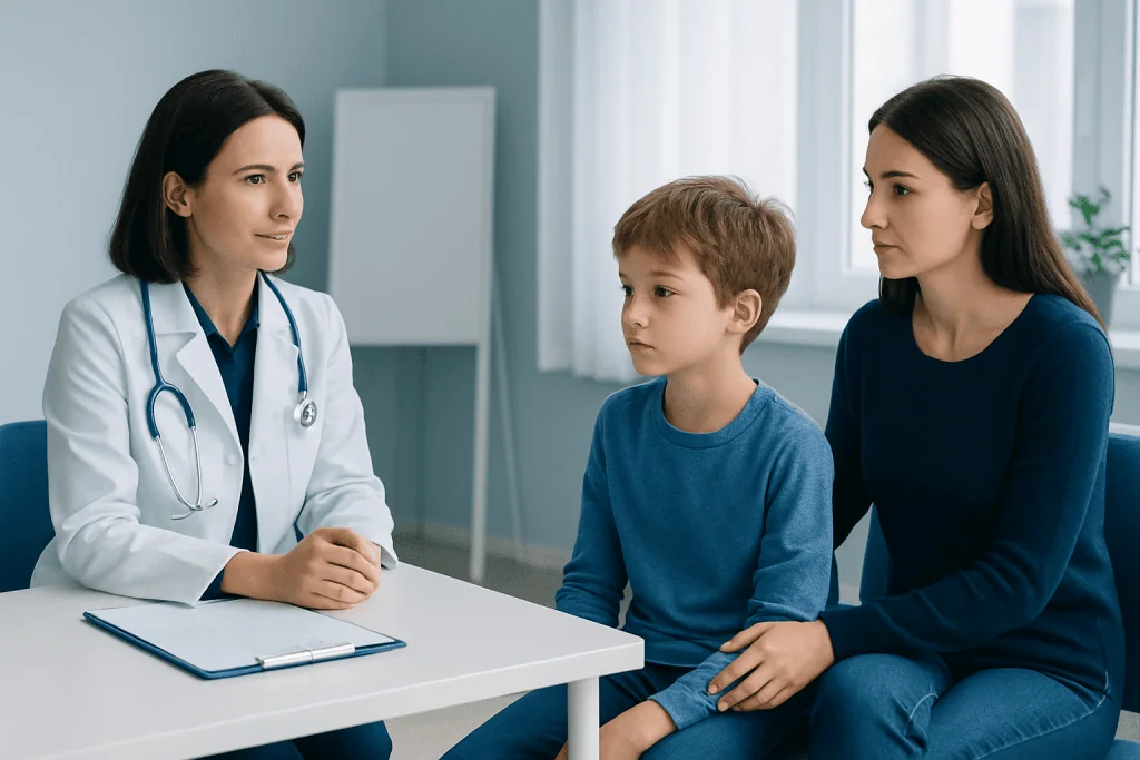 Doctor consulting with a young boy and his mother in a medical office.