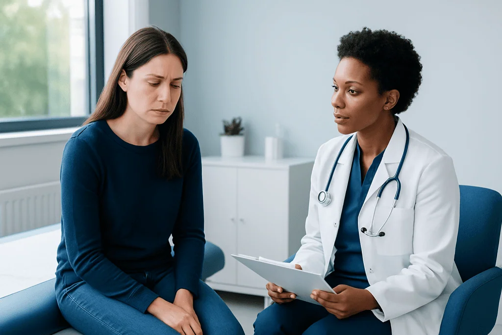 Doctor consulting with a patient about health concerns in a medical office.